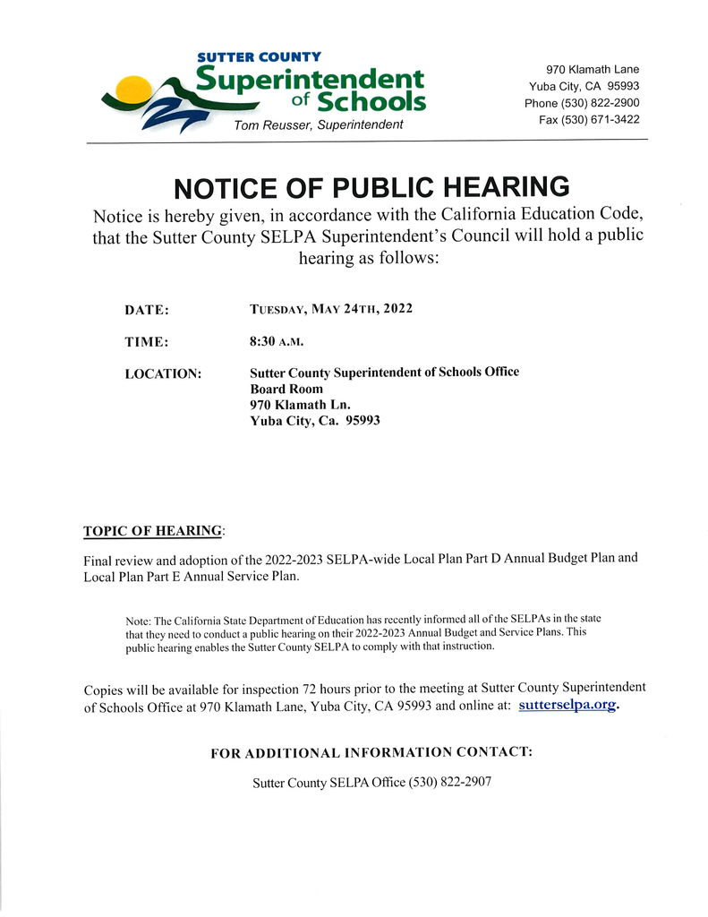 SELPA Public Hearing Notification